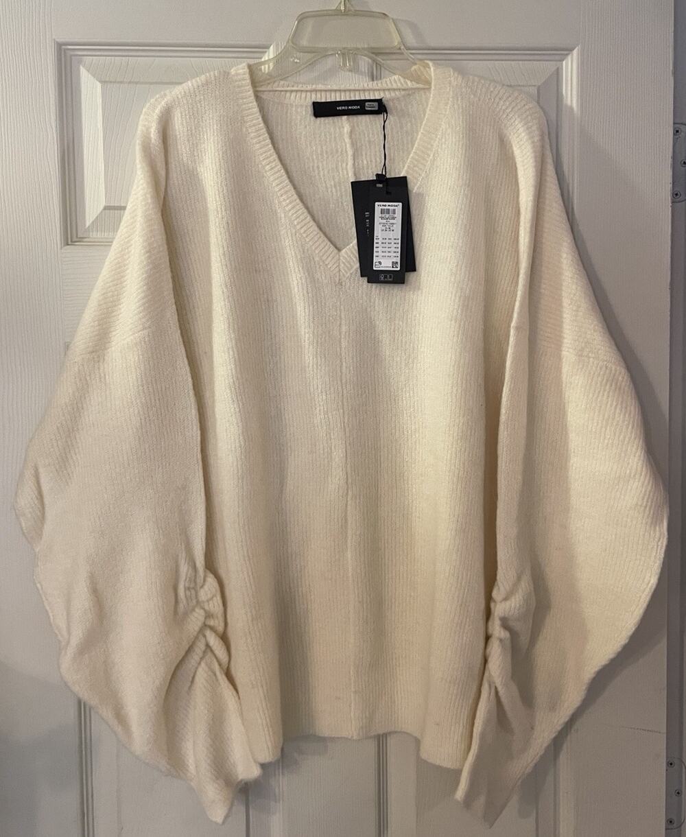 NWT Vero Moda Curve Long Sleeve V-Neck Birch White Sweater Blouse UK24 US20